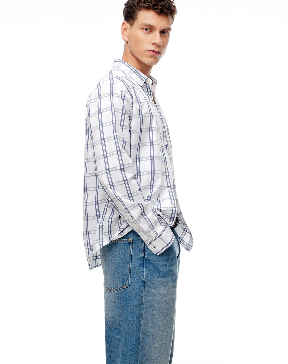 Camisa regular fit manga larga blanco cuadros