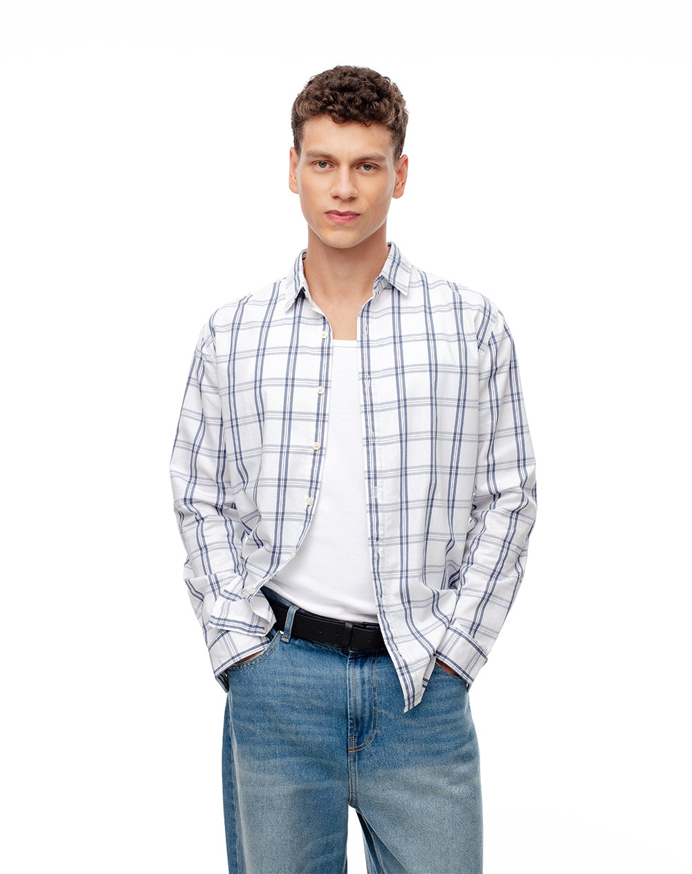 Camisa regular fit manga larga blanco cuadros