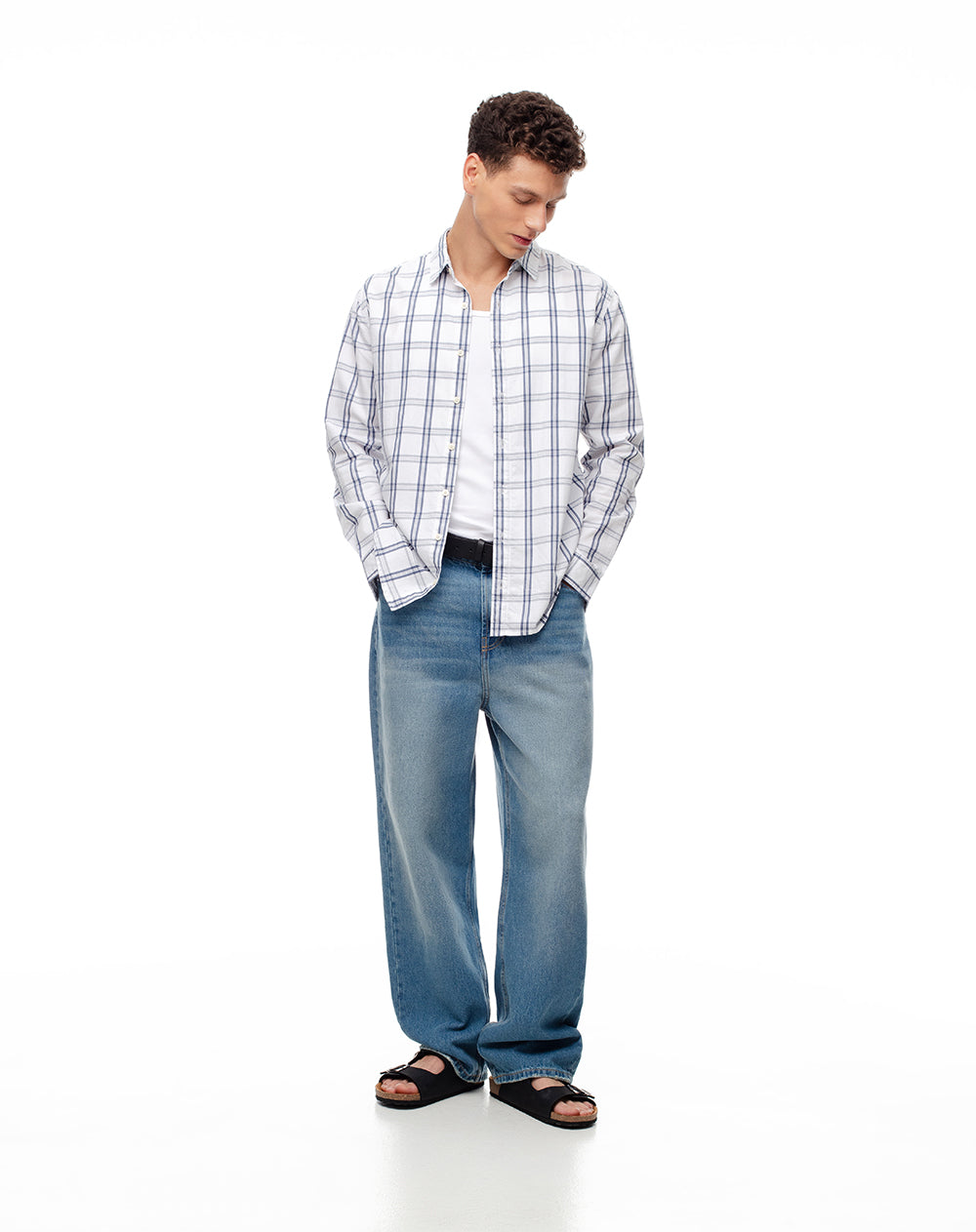 Camisa regular fit manga larga blanco cuadros