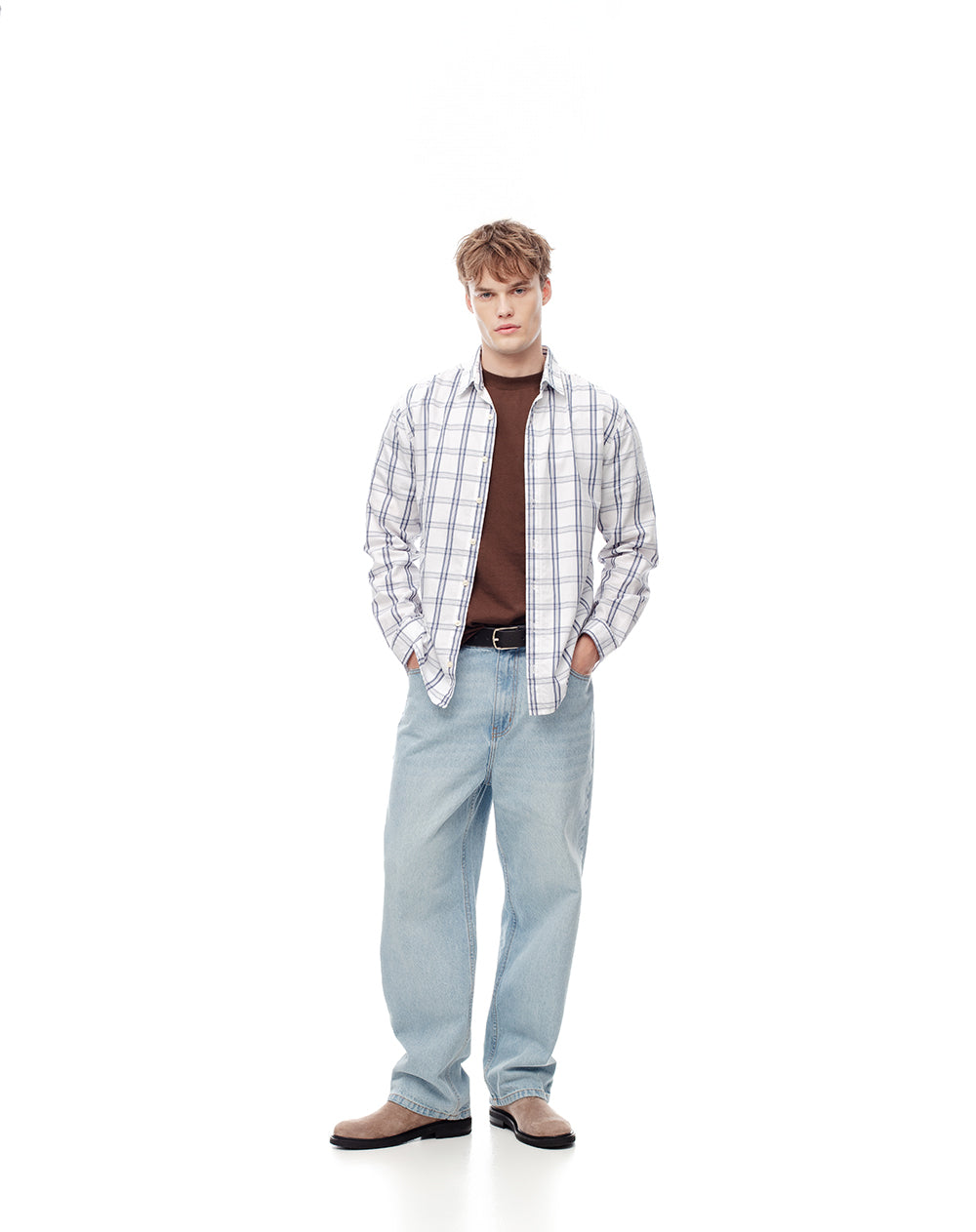 Camisa regular fit manga larga blanco cuadros