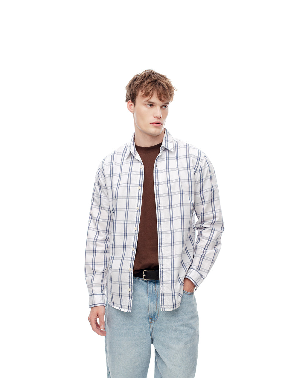 Camisa regular fit manga larga blanco cuadros
