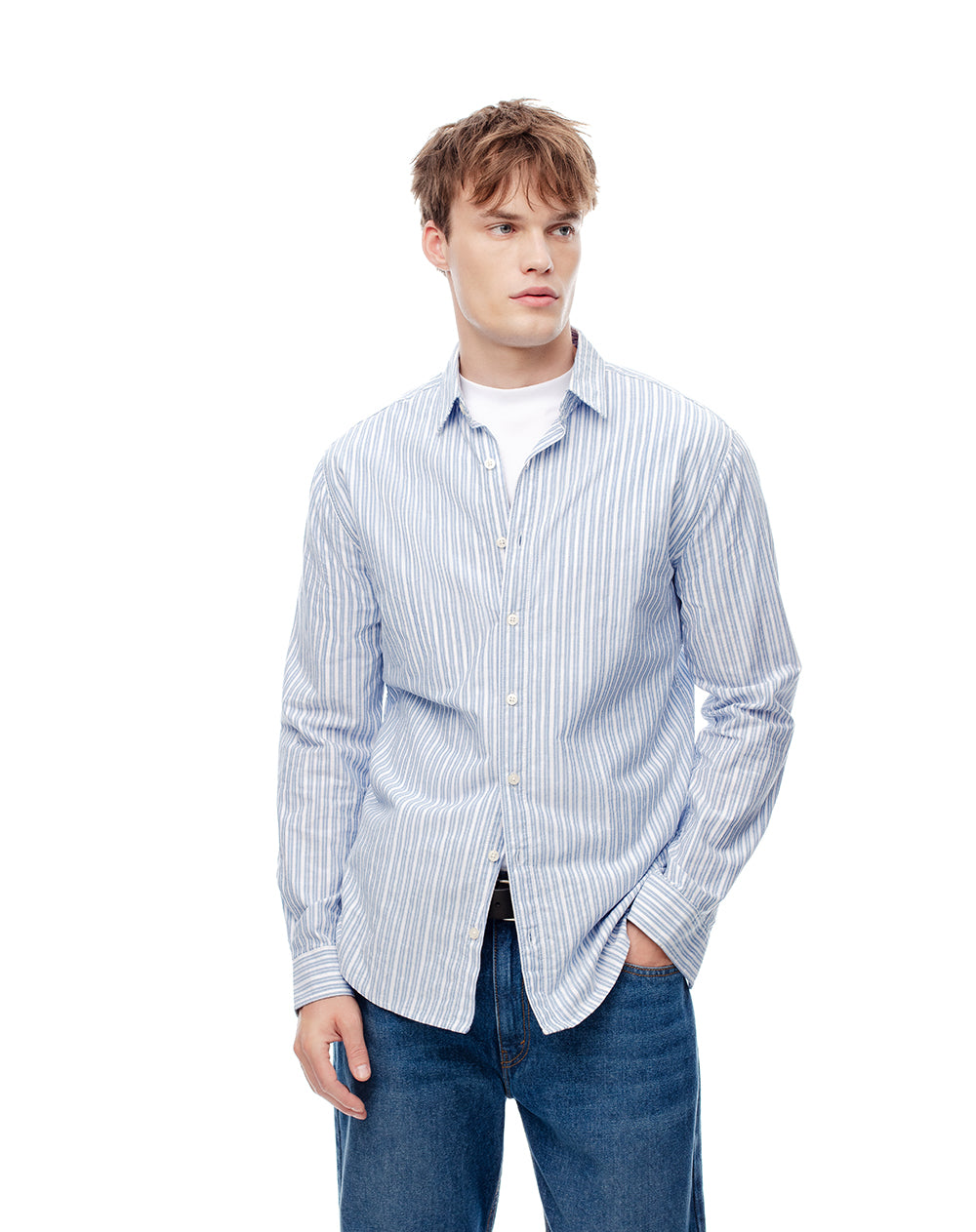 Camisa regular fit manga larga blanca con rayas