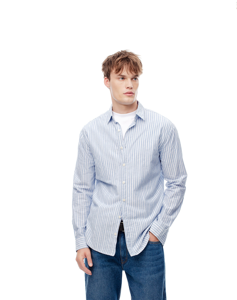 Camisa regular fit manga larga blanca con rayas