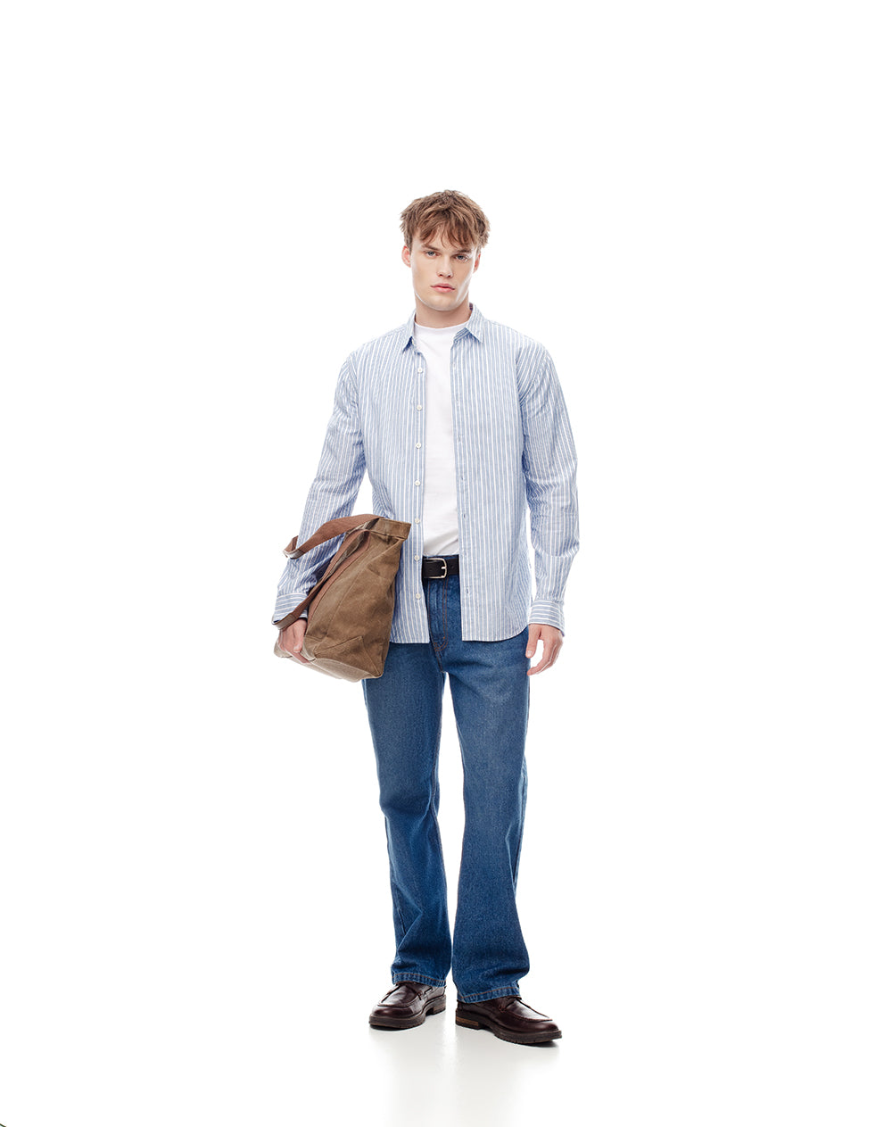 Camisa regular fit manga larga blanca con rayas