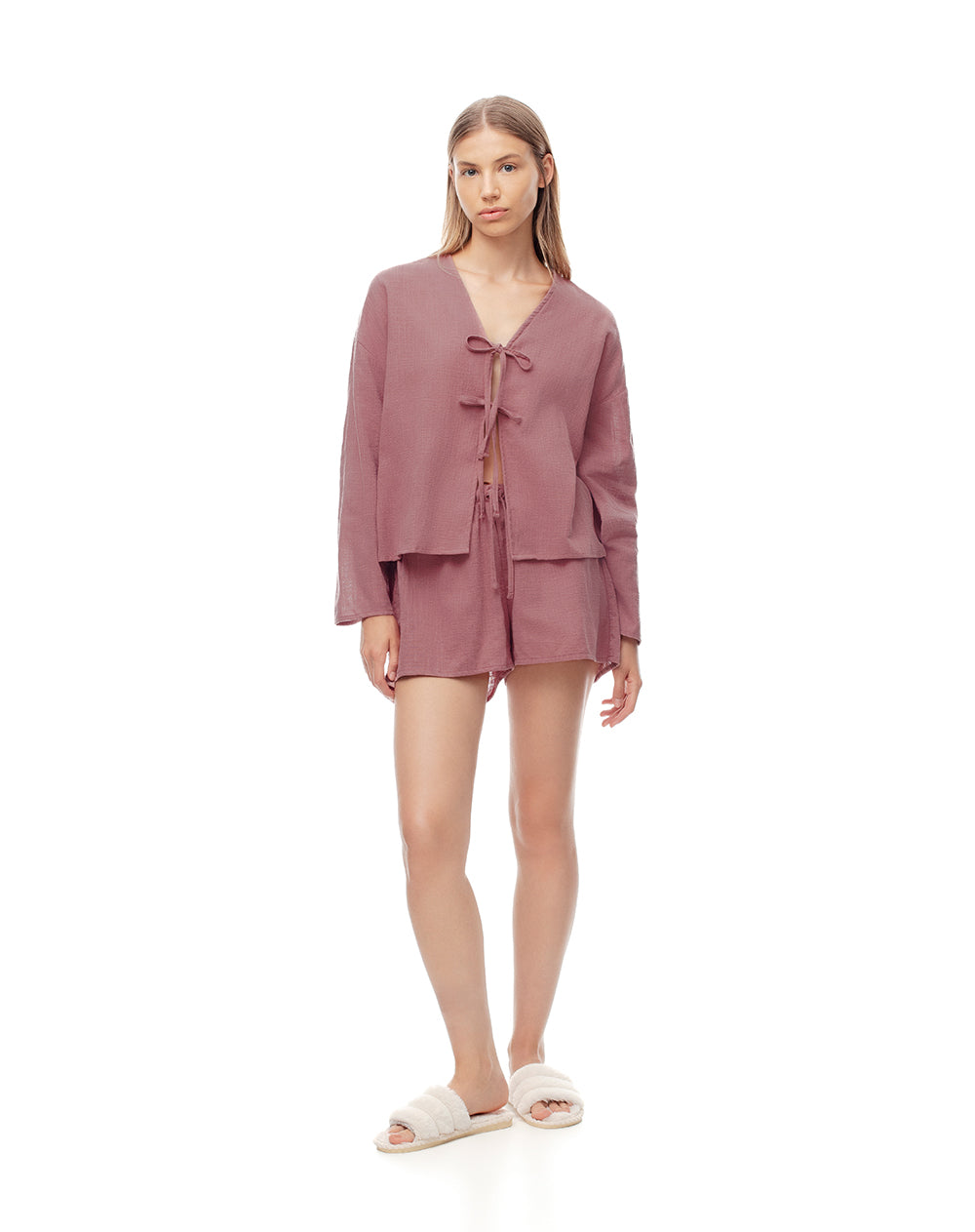 Camisa oversize anudada malva mujer