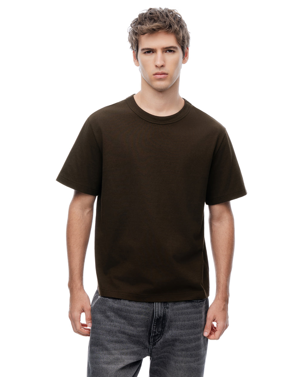 Camiseta regular manga corta café hombre