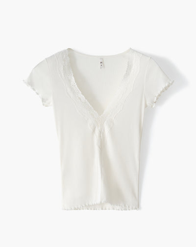 Camiseta slim con encaje blanco mujer