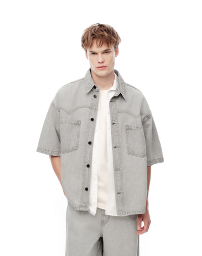 Camisa manga corta denim regular gris hombre