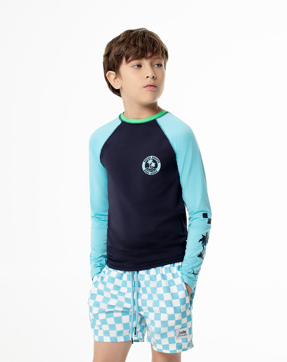 Camibuso de baño regular fit manga larga azul bloques