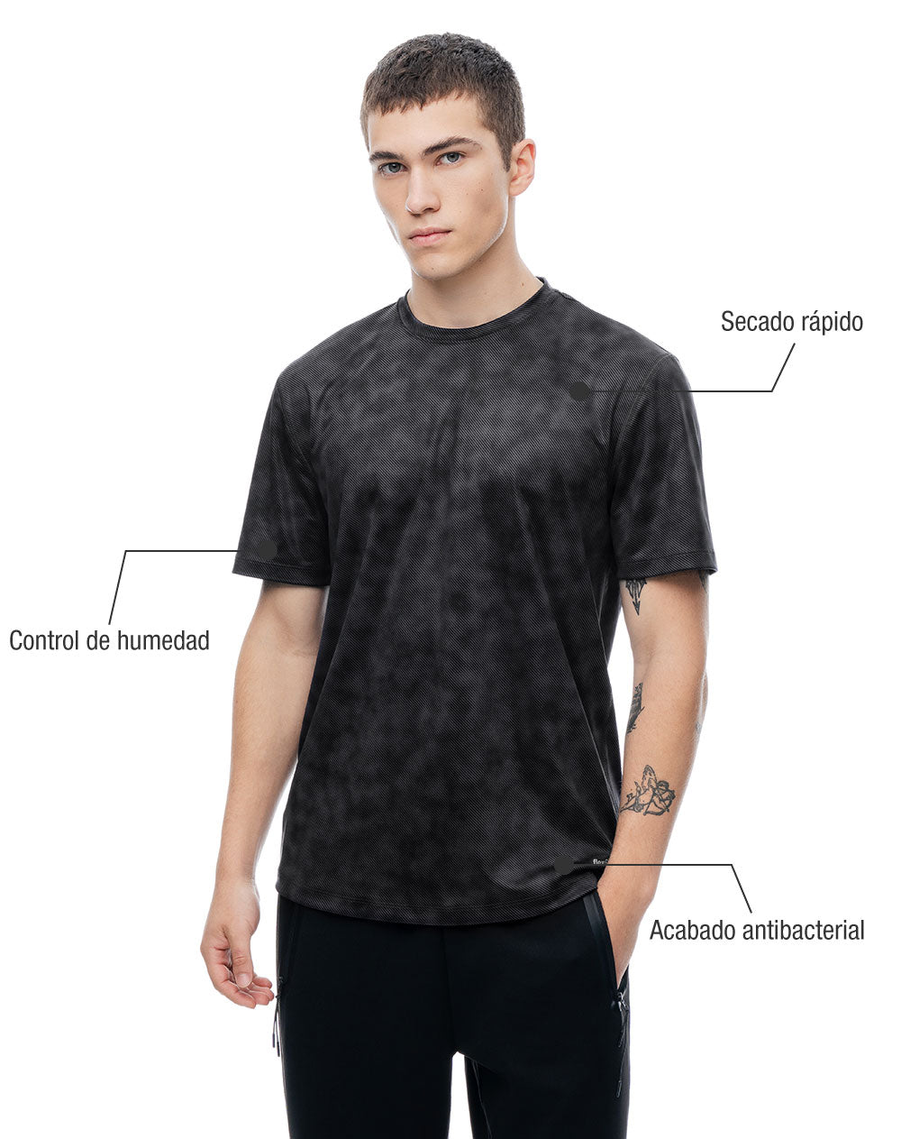 Camiseta deportiva control de humedad negra estampada hombre