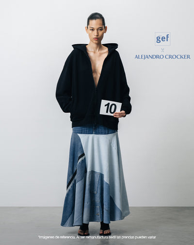 Falda denim amplia remanufacturada Gef x Alejandro Crocker