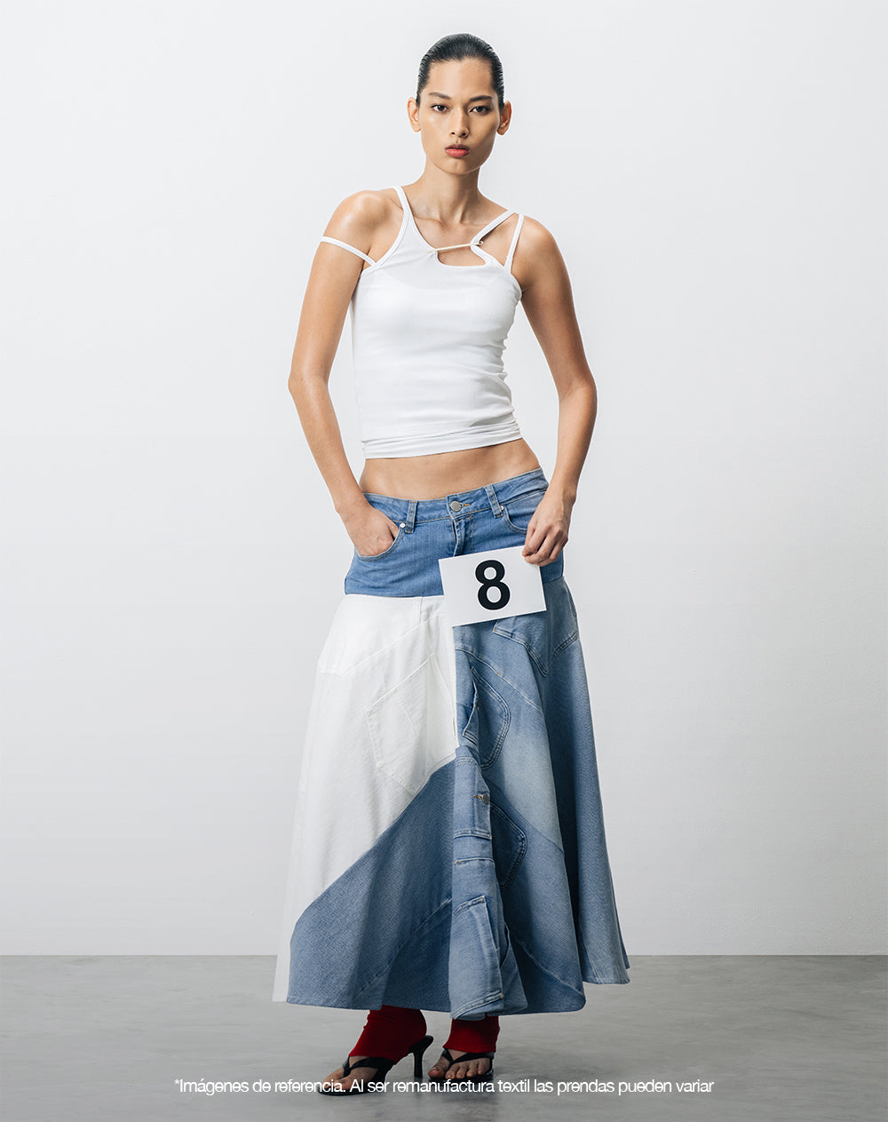 Falda denim amplia remanufacturada Gef x Alejandro Crocker