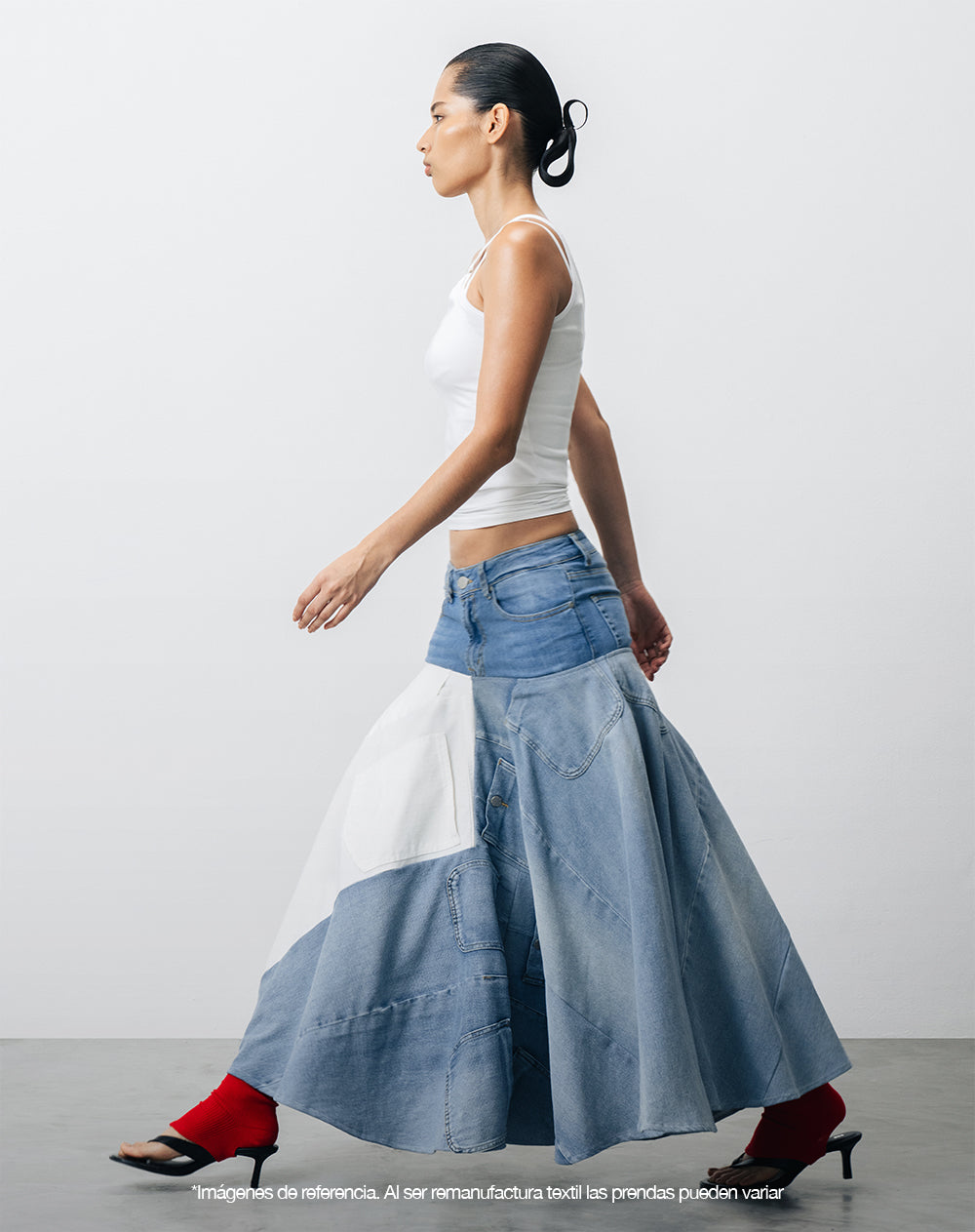 Falda denim amplia remanufacturada Gef x Alejandro Crocker
