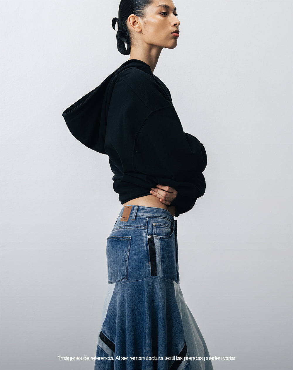 Falda denim amplia remanufacturada Gef x Alejandro Crocker