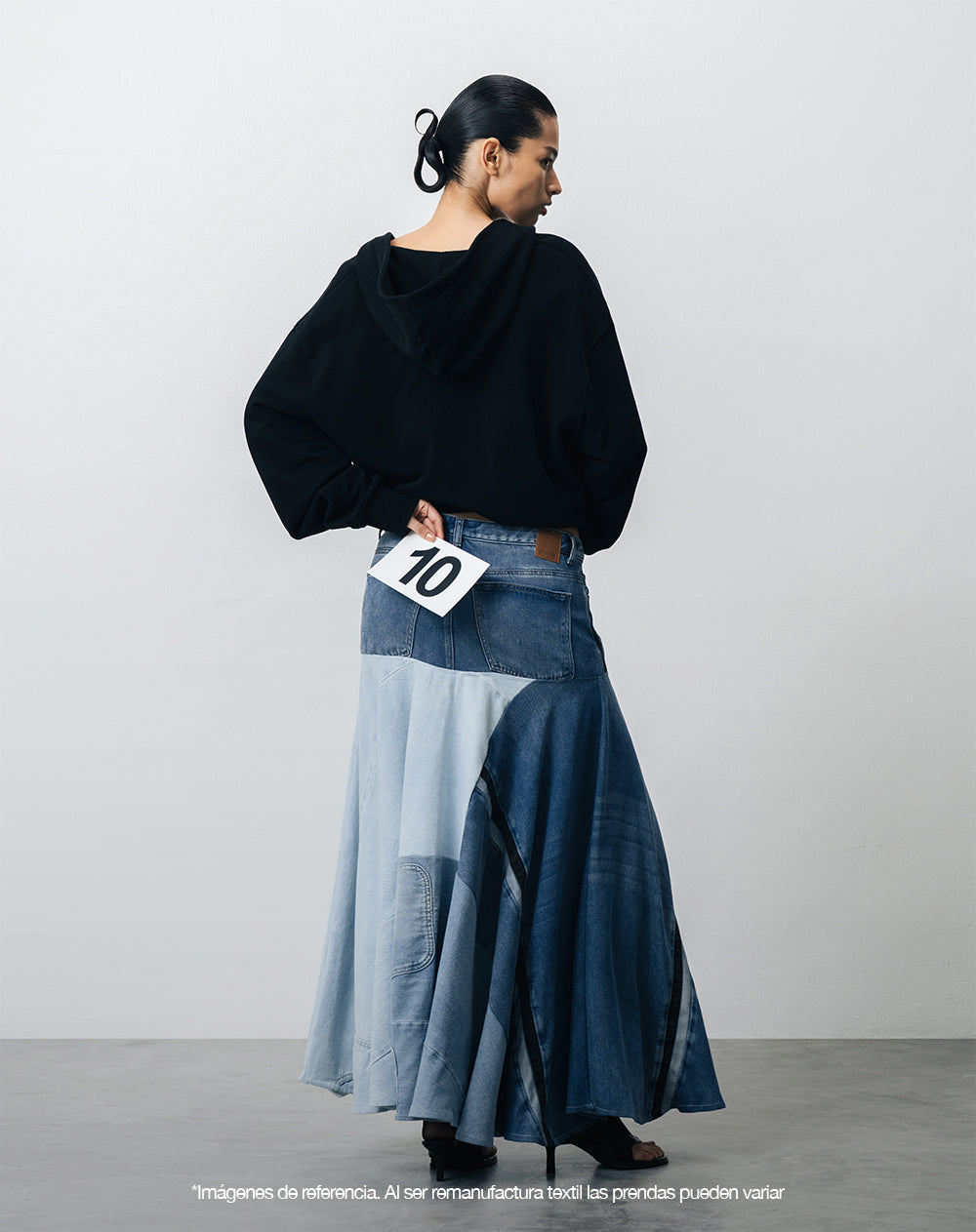 Falda denim amplia remanufacturada Gef x Alejandro Crocker