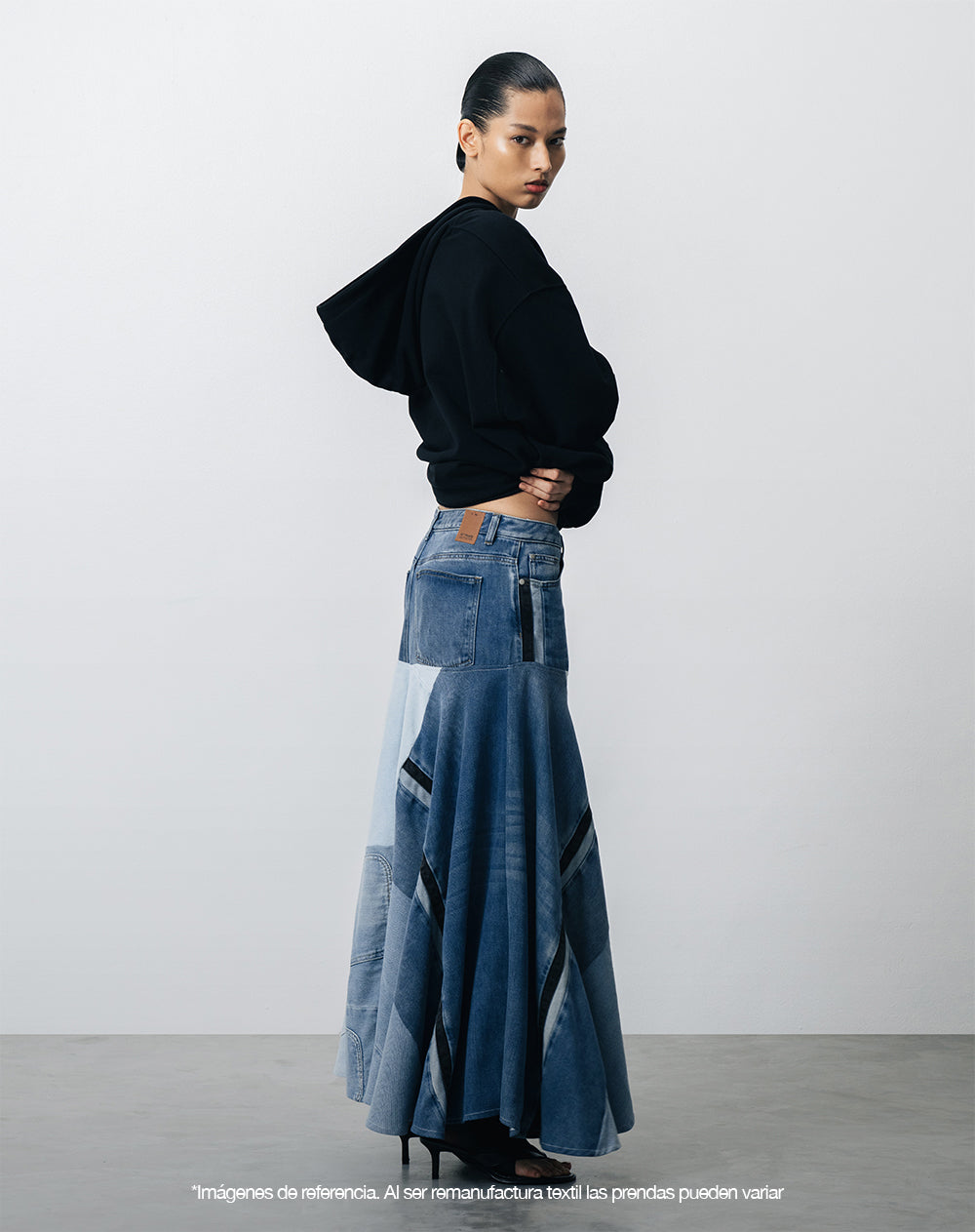 Falda denim amplia remanufacturada Gef x Alejandro Crocker