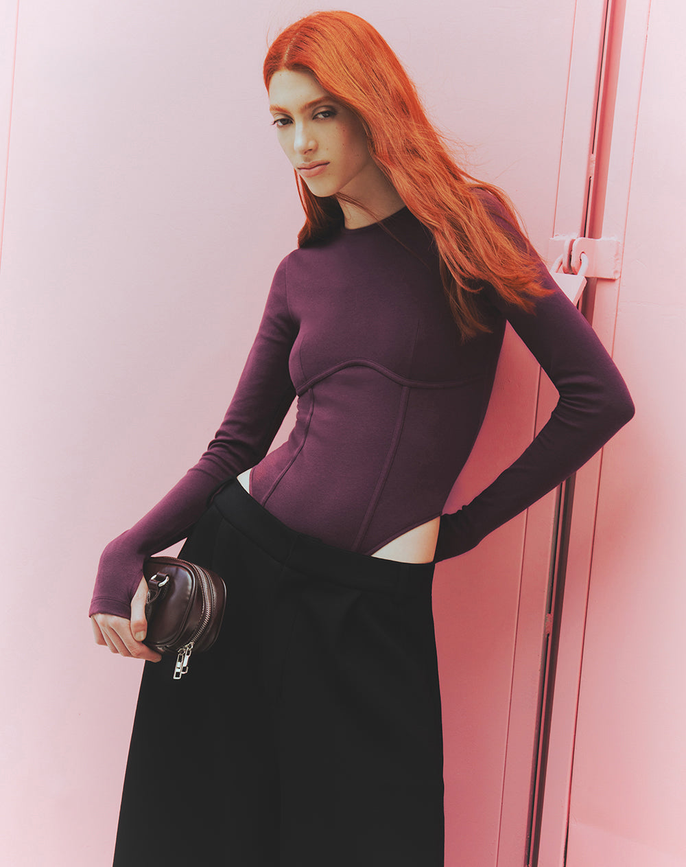 Body slim manga larga vinotinto mujer