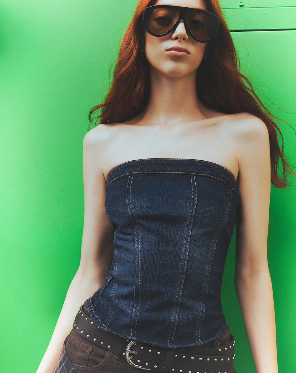 Top strapless denim índigo oscuro mujer