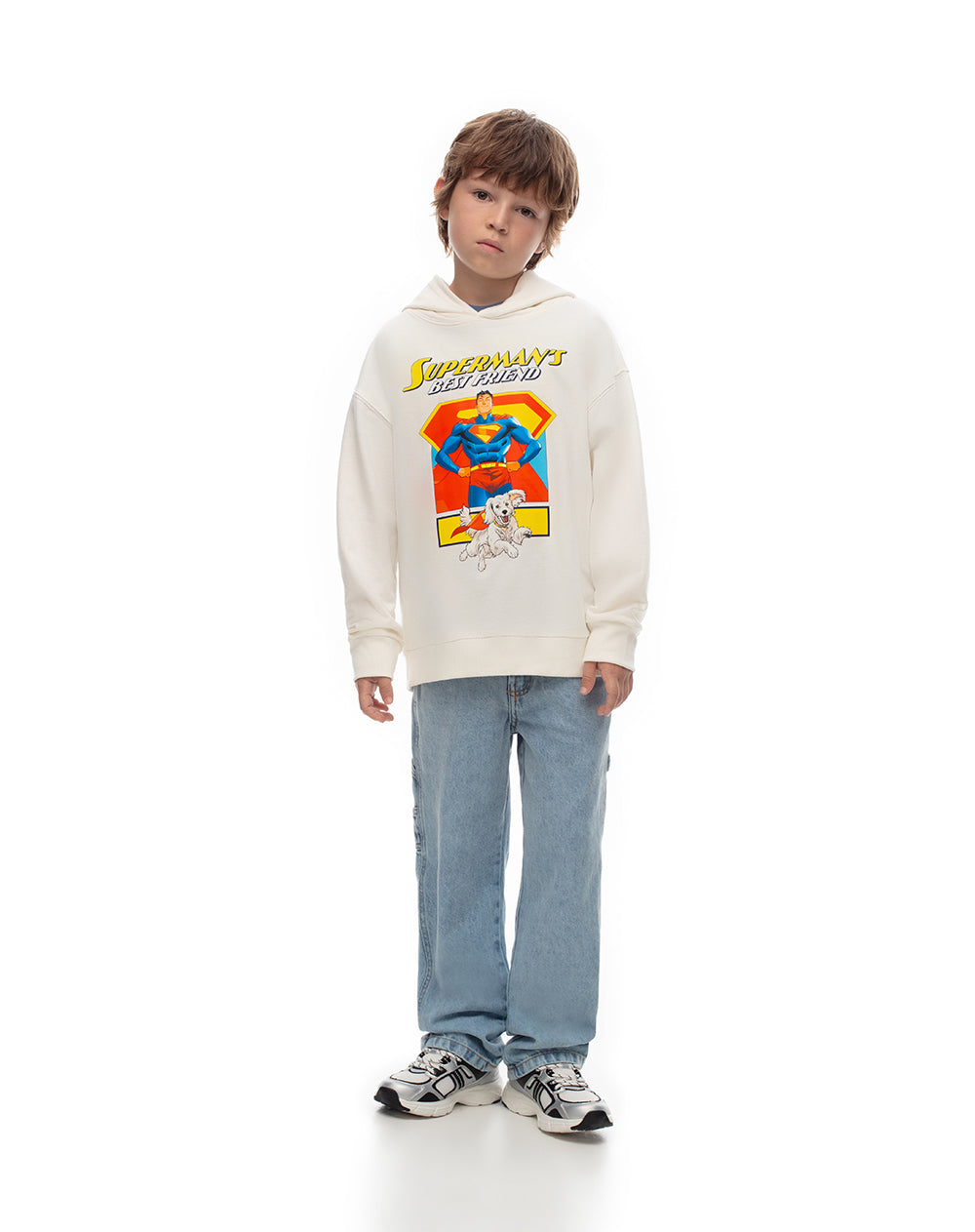 Buzo tipo hoddie Superman en algodón crema niño