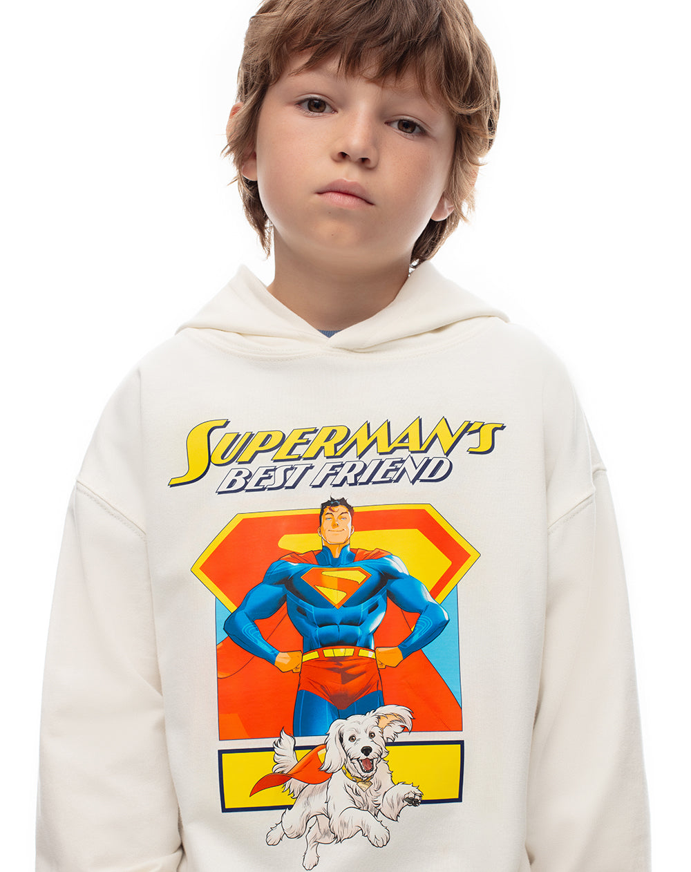 Buzo tipo hoddie Superman en algodón crema niño