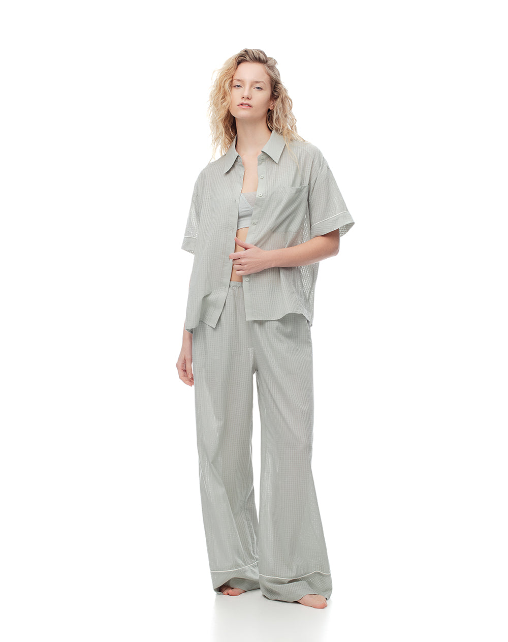 Camisa relaxed manga larga verde mujer