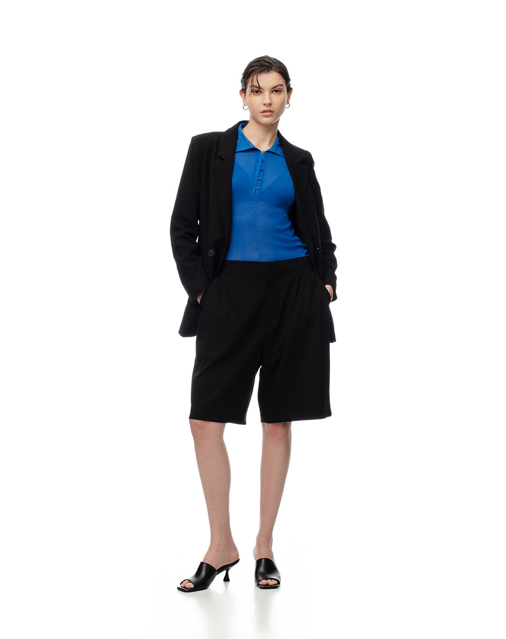 Polo slim tejido de punto azul mujer