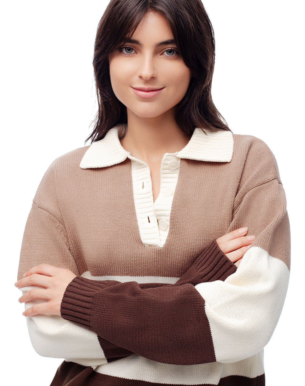 Suéter tipo polo tejido de punto café mujer