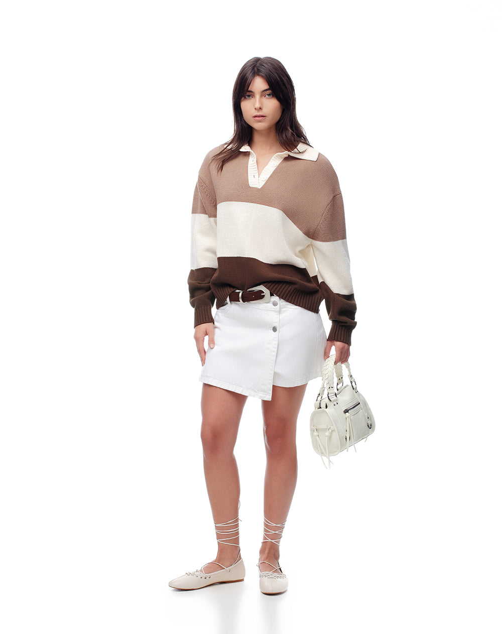 Suéter tipo polo tejido de punto café mujer