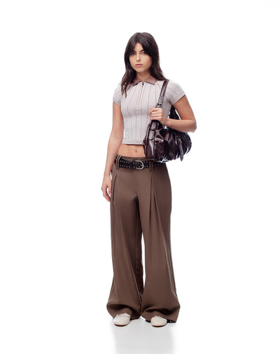 Pantalón wide leg tiro bajo café mujer