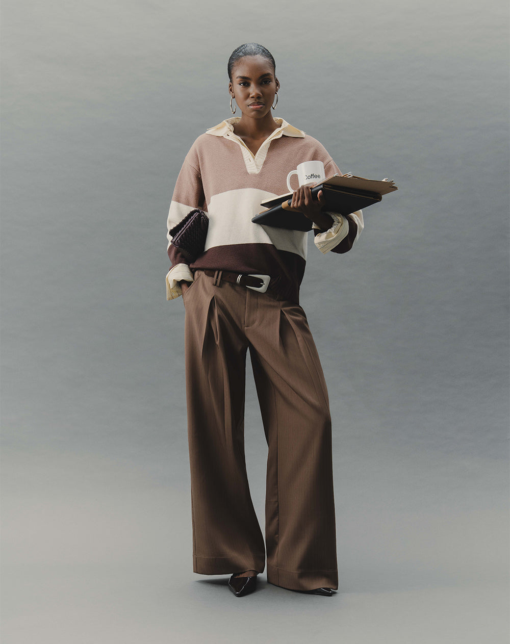 Pantalón wide leg tiro bajo café mujer