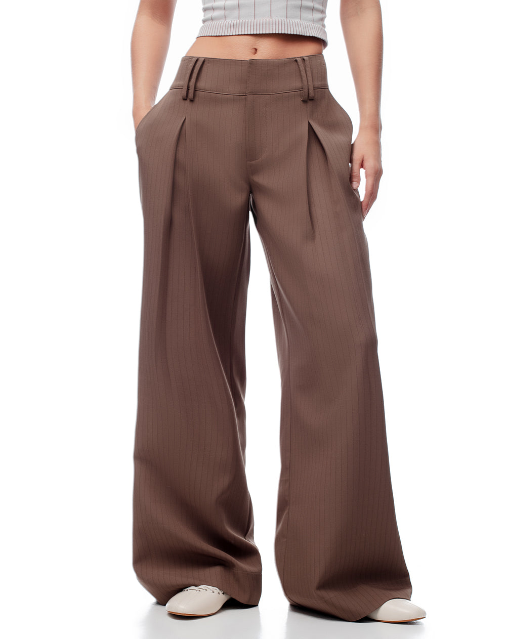 Pantalón wide leg tiro bajo café mujer