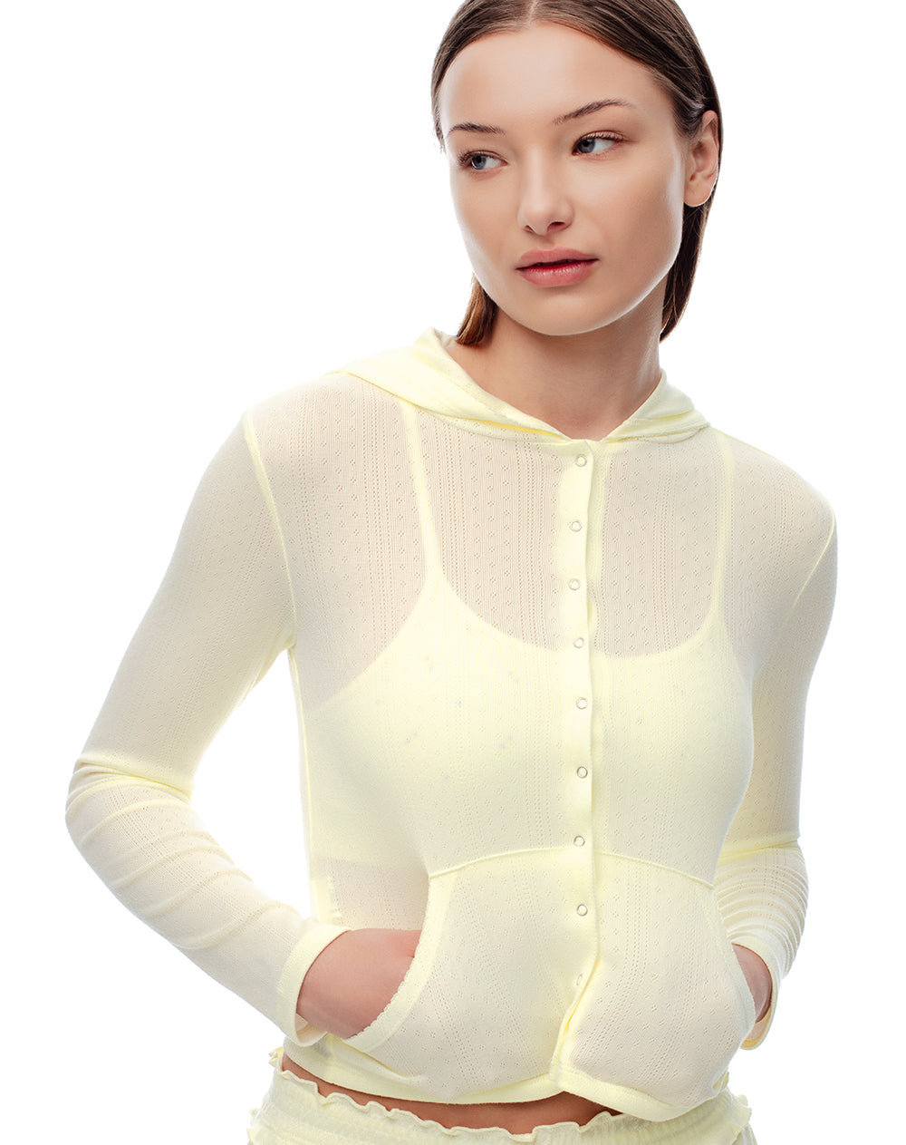 Cardigan fitted punto calado amarillo mujer