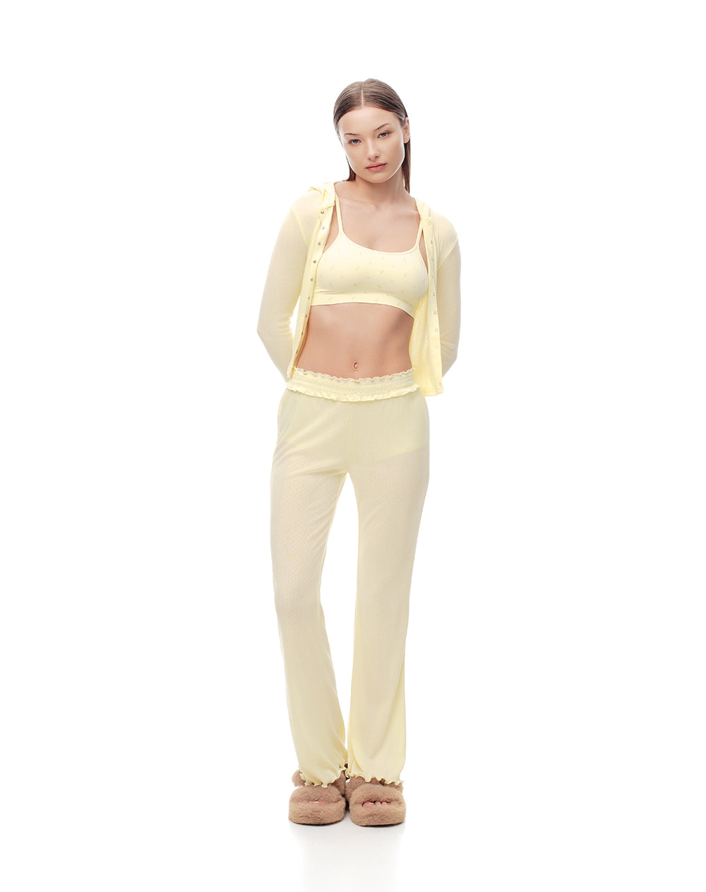 Cardigan fitted punto calado amarillo mujer