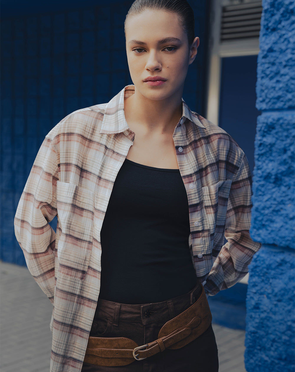 Camisa manga larga regular cuadros mujer