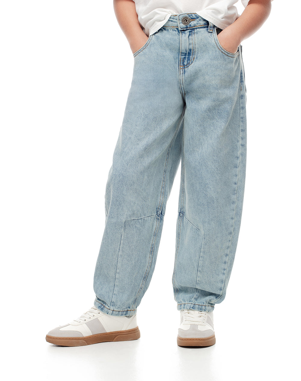 Jean baggy tiro alto elático interno indigo claro para niña