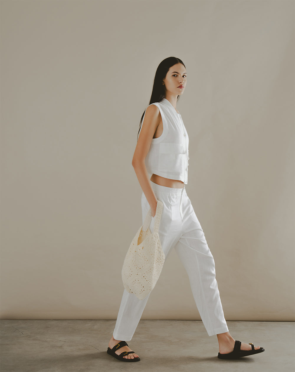 Pantalón recto tiro medio lino elástico en cintura blanco para mujer