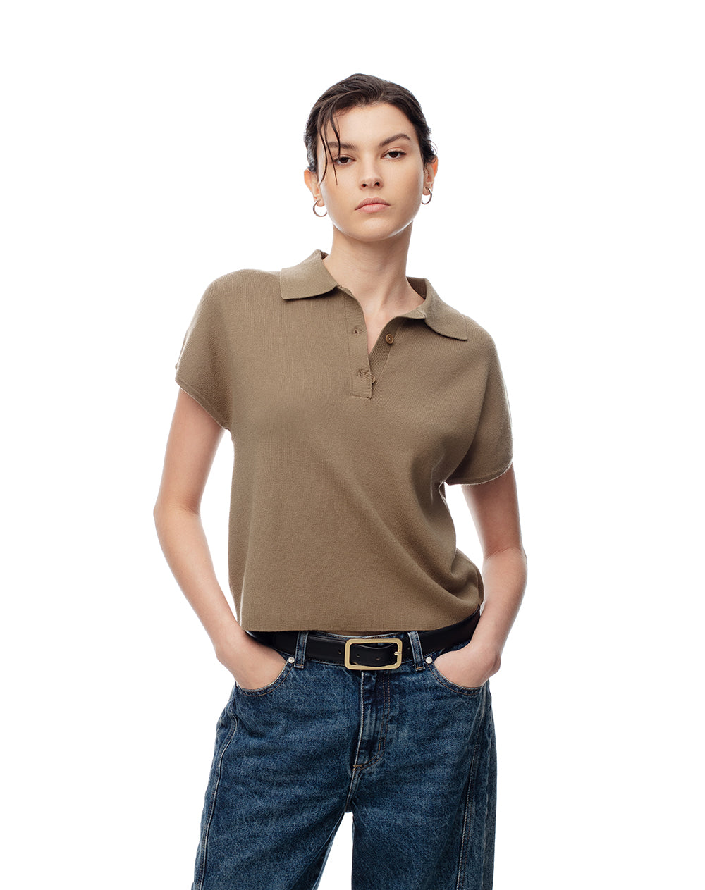 Polo regular tejido de punto café mujer