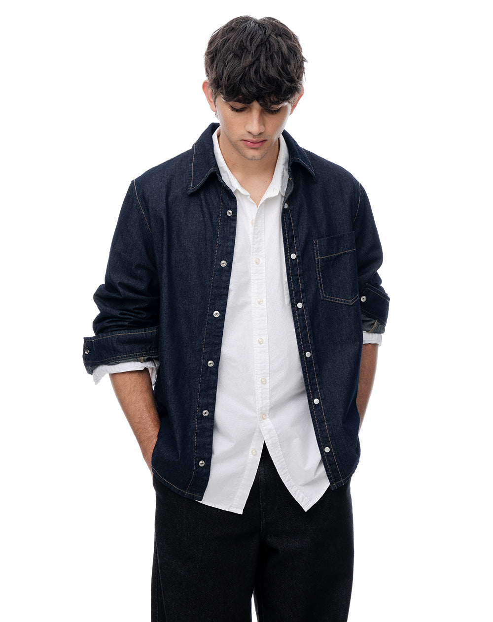 Camisa regular manga larga índigo oscuro hombre