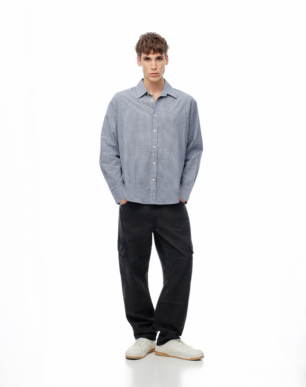 Camisa manga larga oversize algodón cuadros hombre