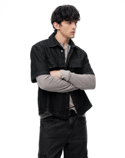 Camisa manga corta loose denim negra hombre