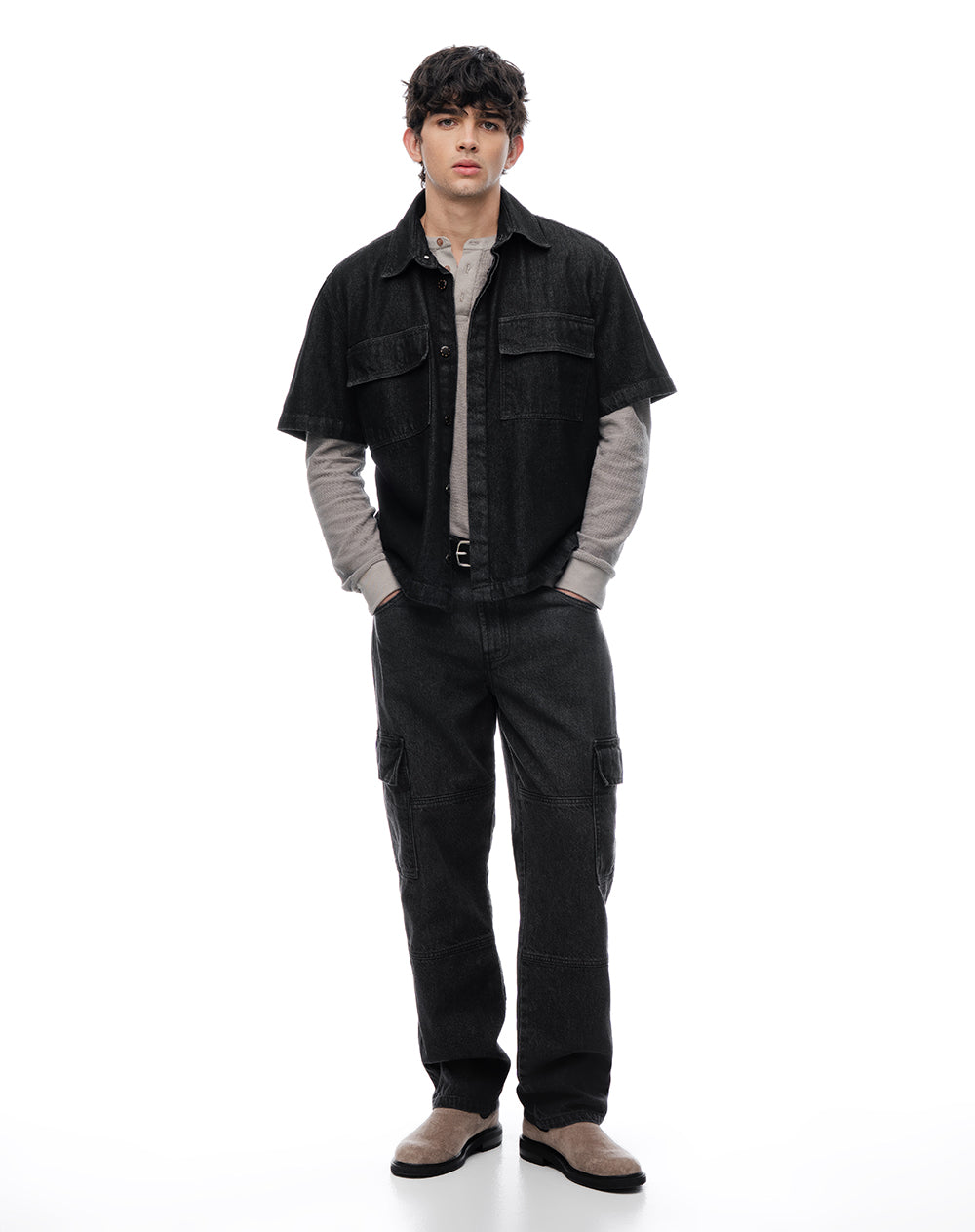 Camisa manga corta loose denim negro hombre