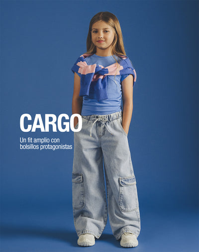Jean cargo wide leg tiro alto índigo claro niña