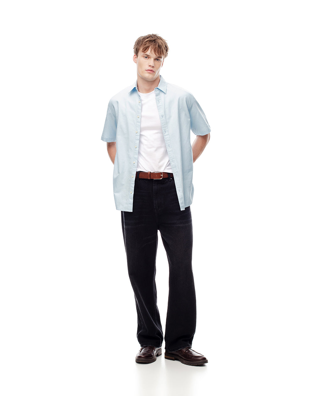 Camisa manga corta regular algodón azul hombre
