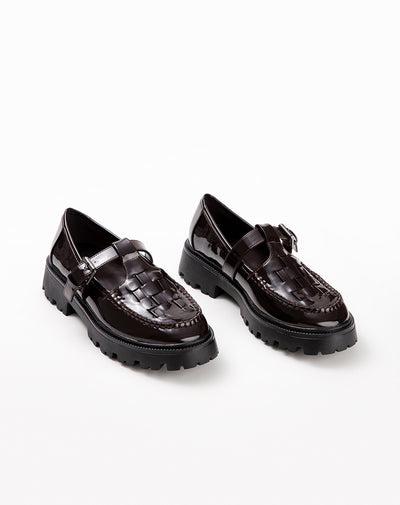 Mocasines chunky charol café mujer