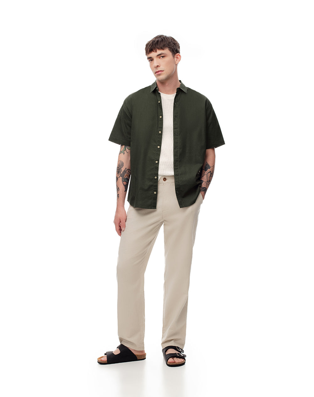 Camisa manga corta regular lino verde hombre