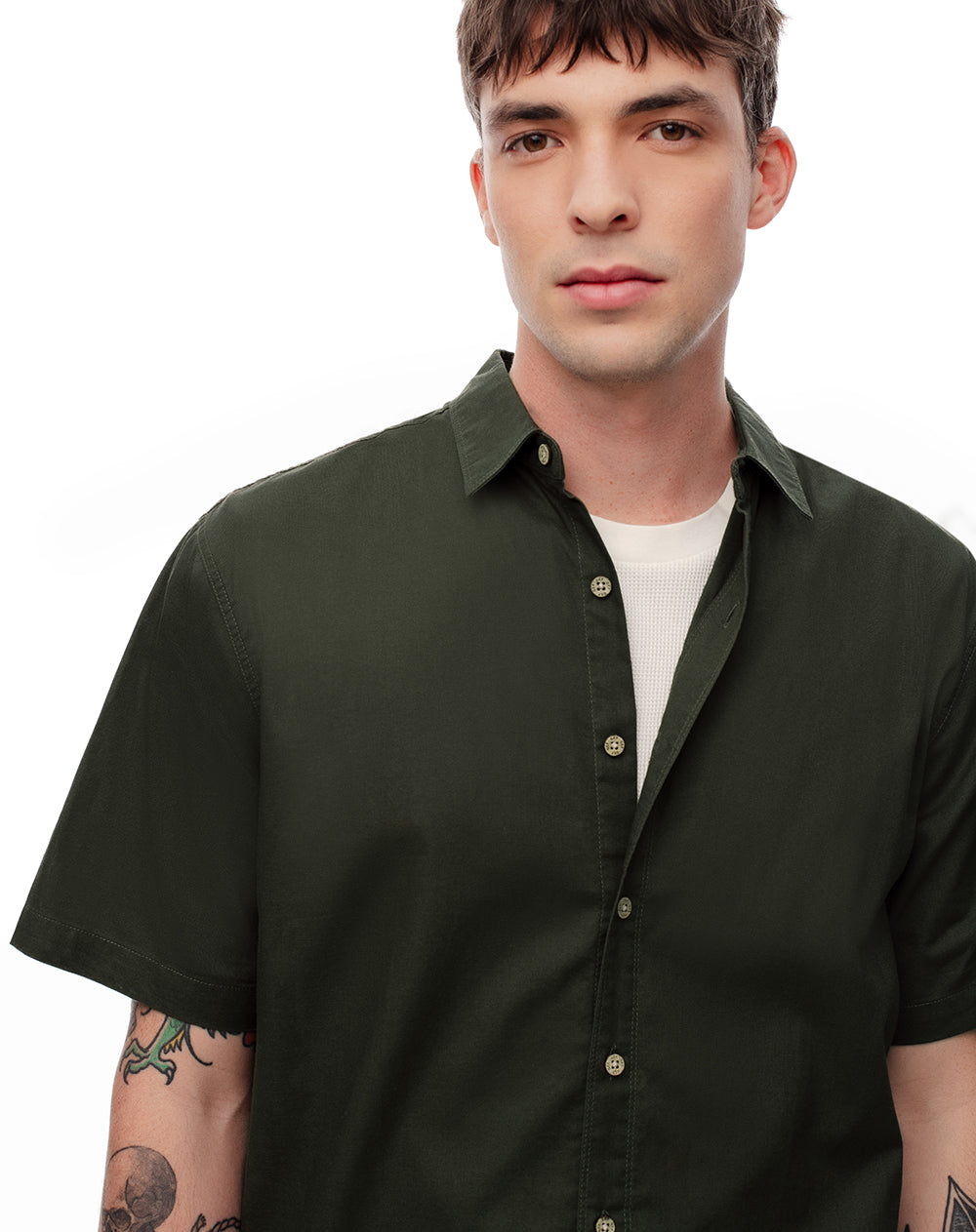 Camisa manga corta regular lino verde hombre