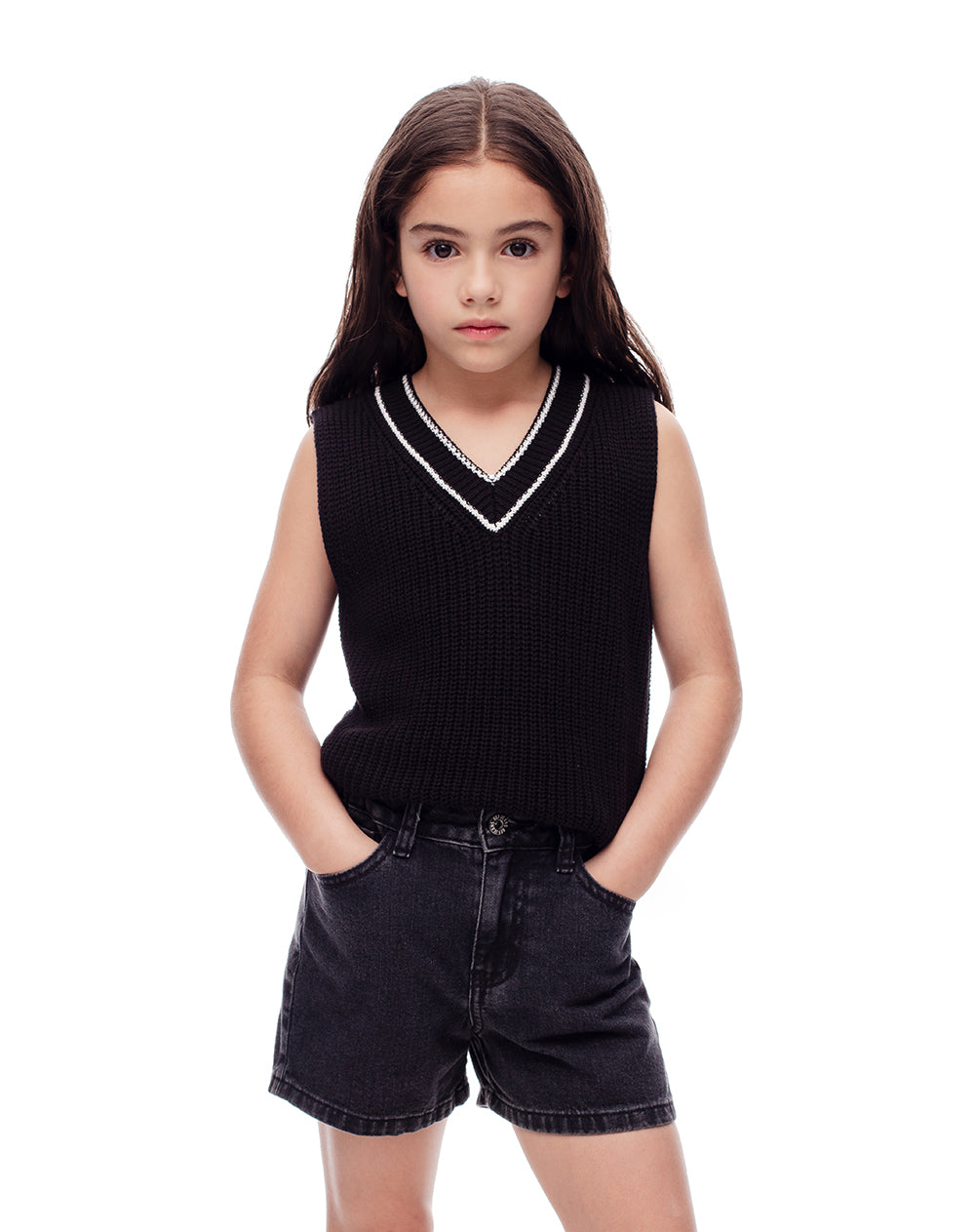 Short tiro medio denim elástico interno negro niña