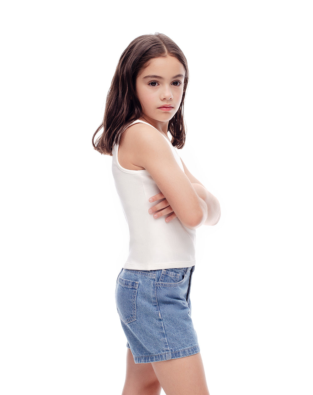Short tiro medio denim elástico interno indigo medio para niña