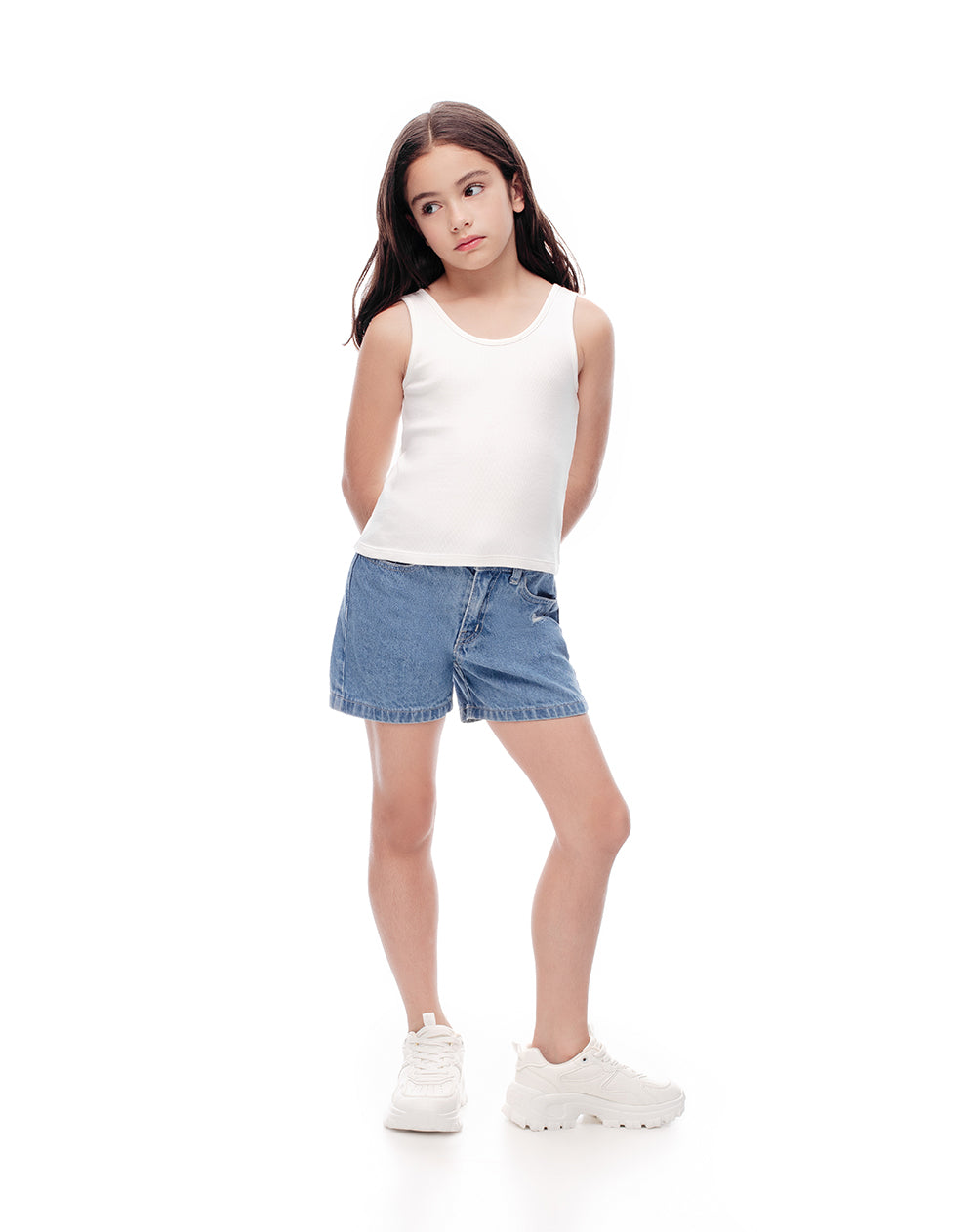 Short tiro medio denim elástico interno indigo medio para niña