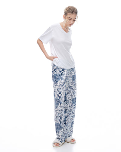 Pantalón relaxed tiro medio azul estampado mujer